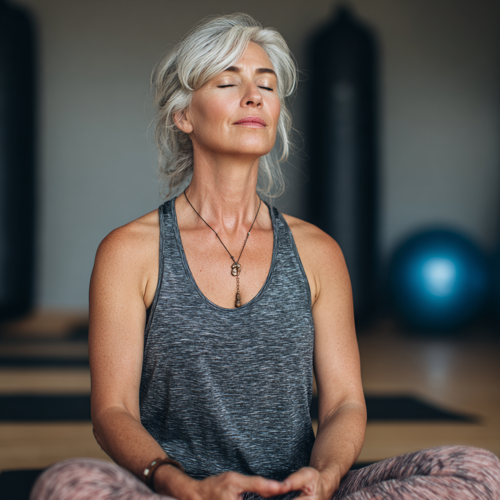 Middle-aged woman practicing gentle yoga on mat with focused breathing
